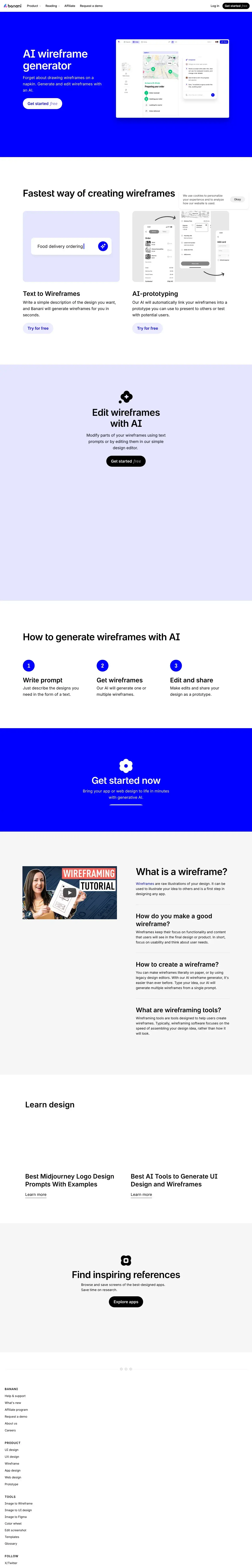 Vollständiger Screenshot von Banani AI Wireframe Generator