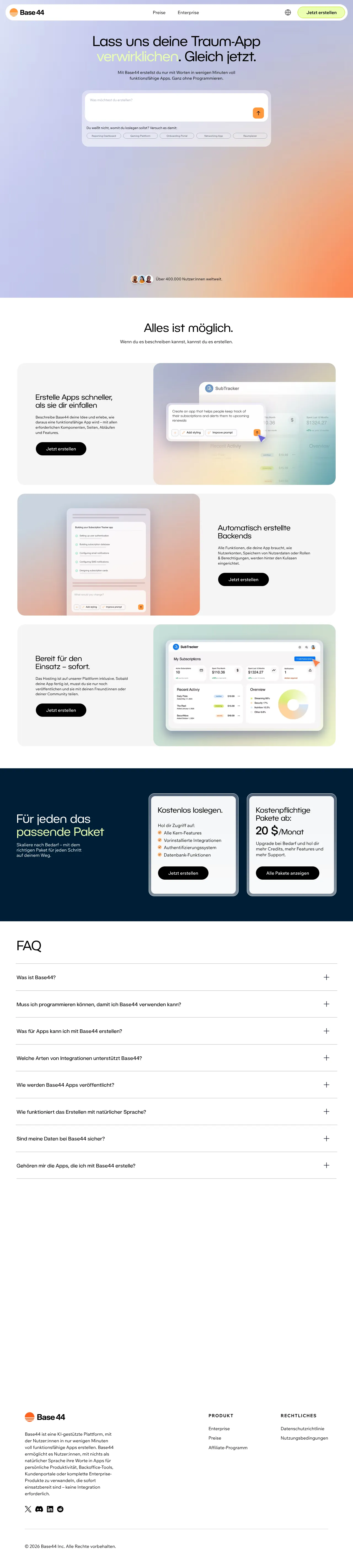 Vollständiger Screenshot von Base44