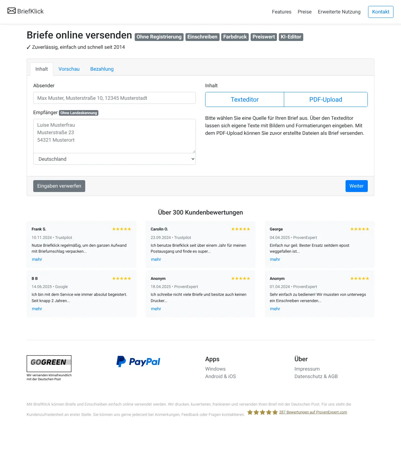 Vollständiger Screenshot von BriefKlick
