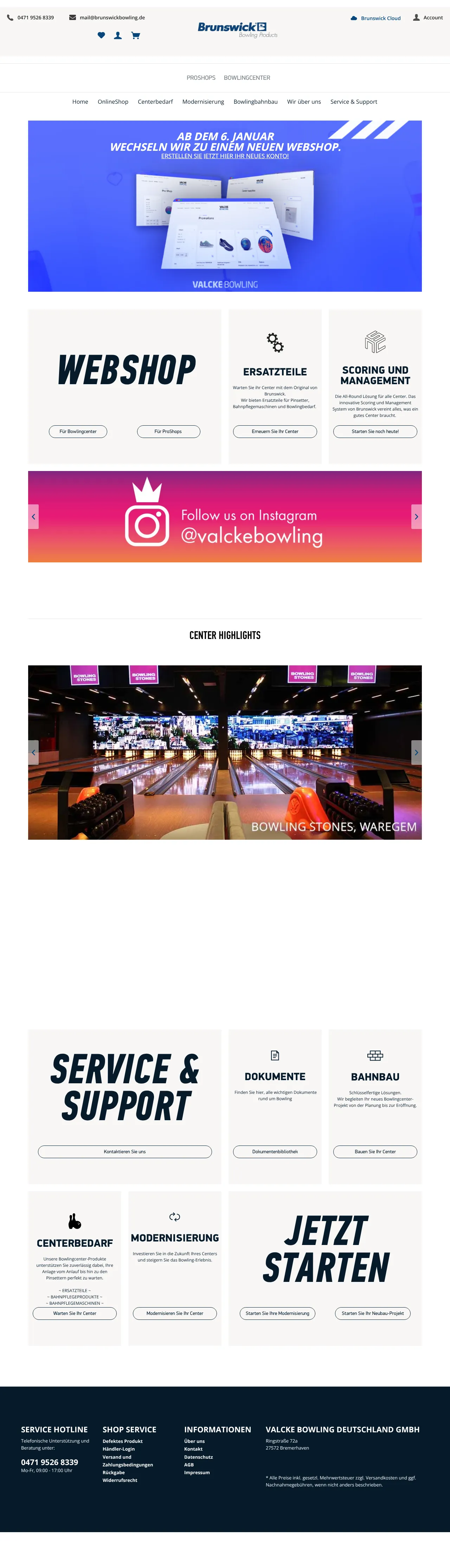 Vollständiger Screenshot von Brunswick Bowling Online Shop