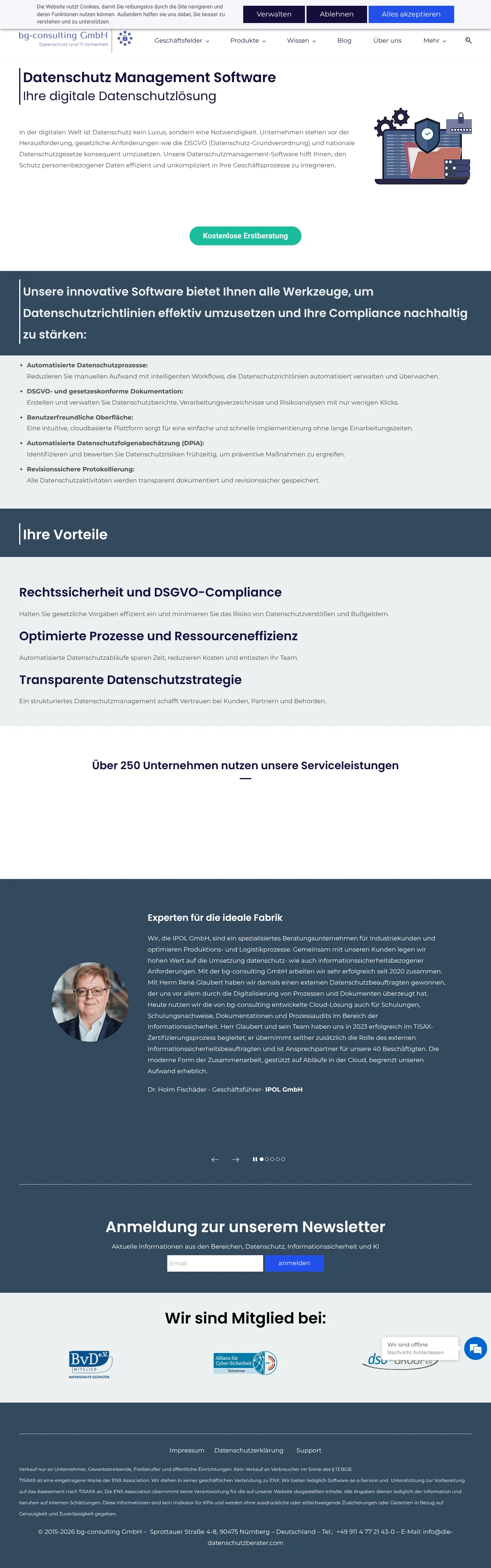 Vollständiger Screenshot von Datenschutz Management Software