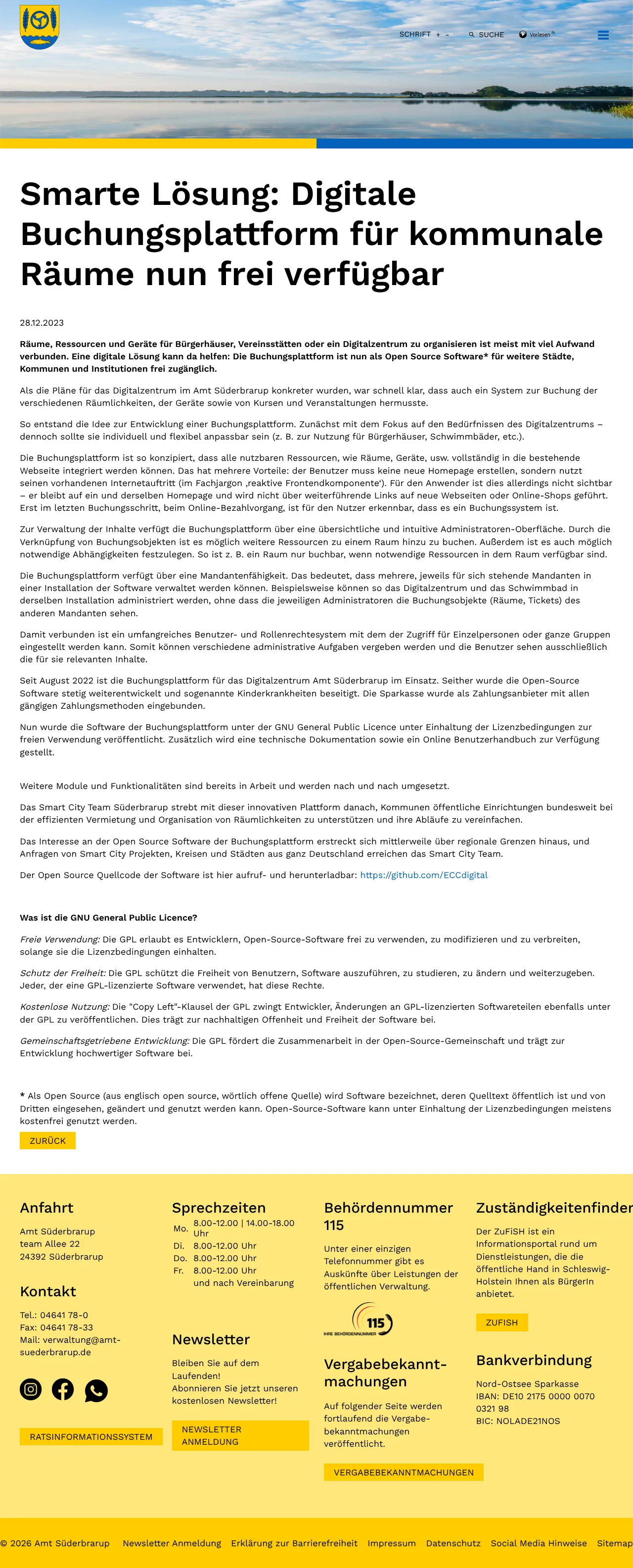 Vollständiger Screenshot von Digitale Buchungsplattform Amt Süderbrarup