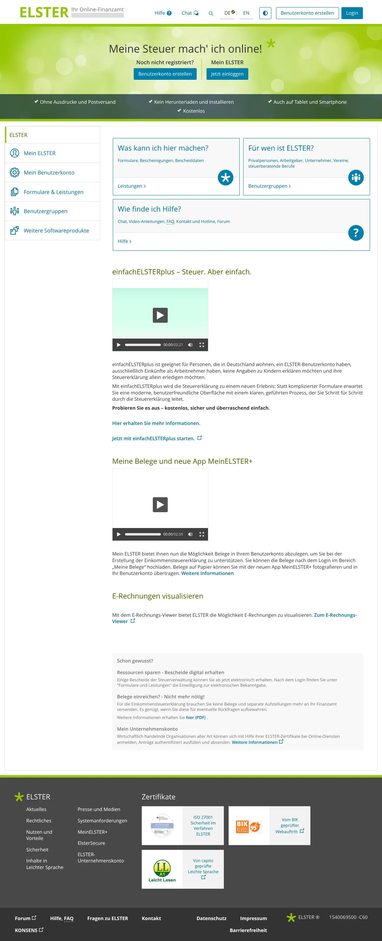 Vollständiger Screenshot von ELSTER