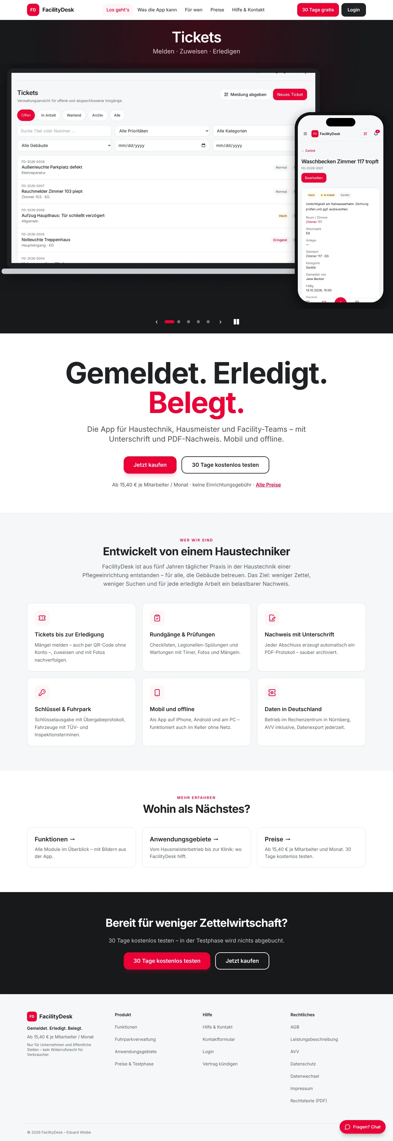 Vollständiger Screenshot von FacilityDesk