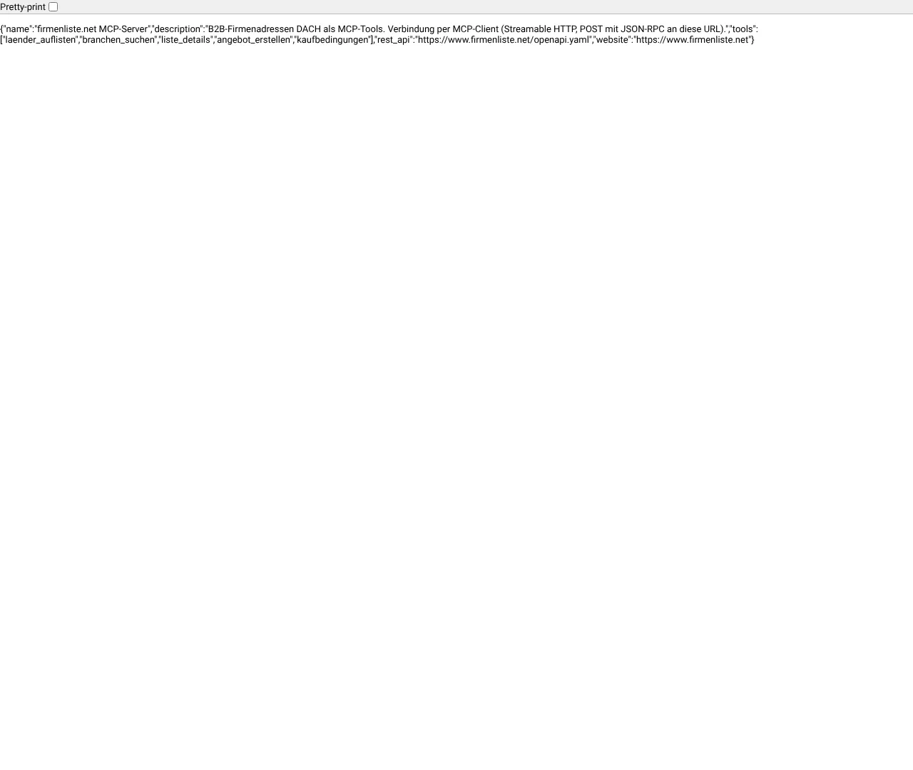 Vollständiger Screenshot von firmenliste.net MCP-Server