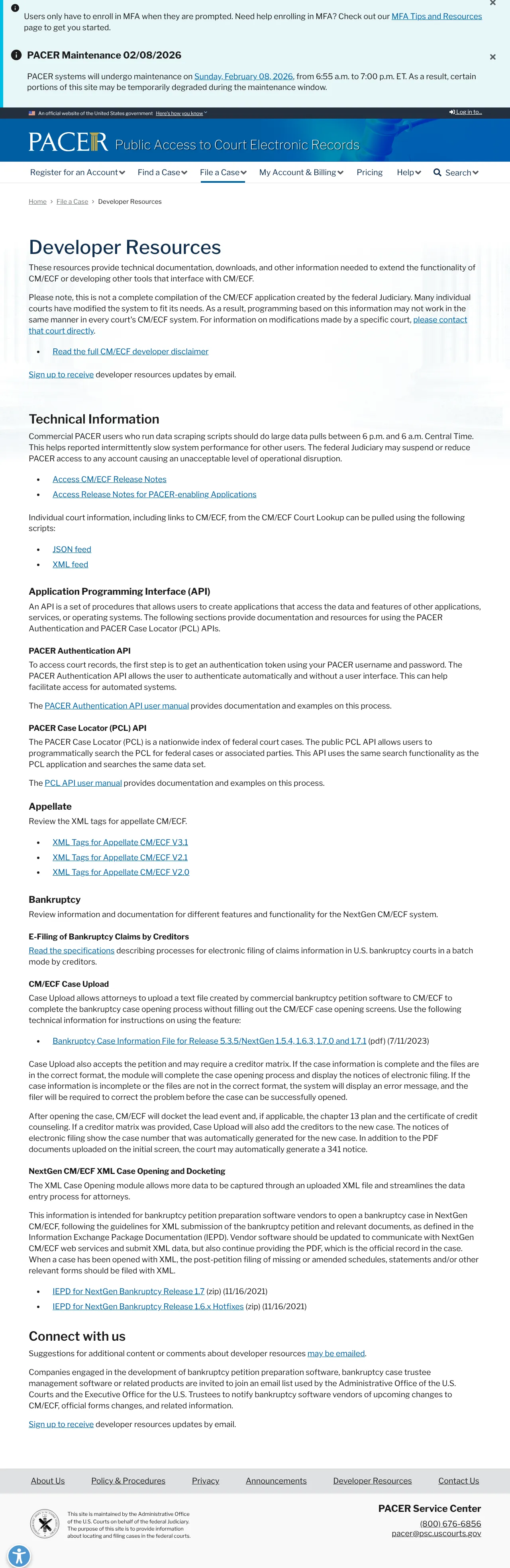 Vollständiger Screenshot von PACER