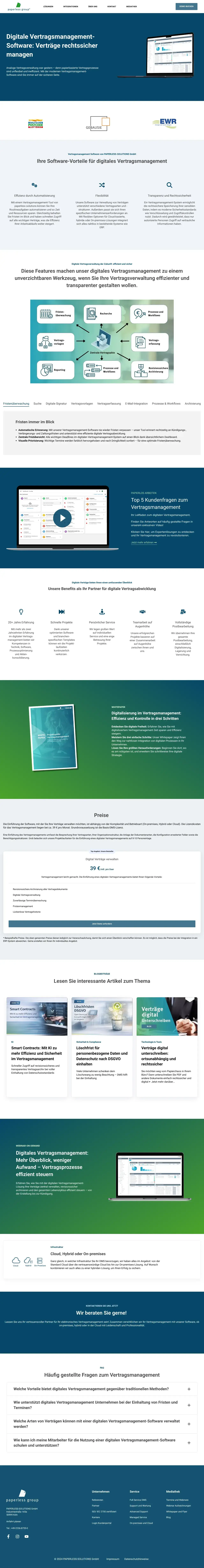 Vollständiger Screenshot von PAPERLESS-SOLUTIONS Vertragsmanagement-Software