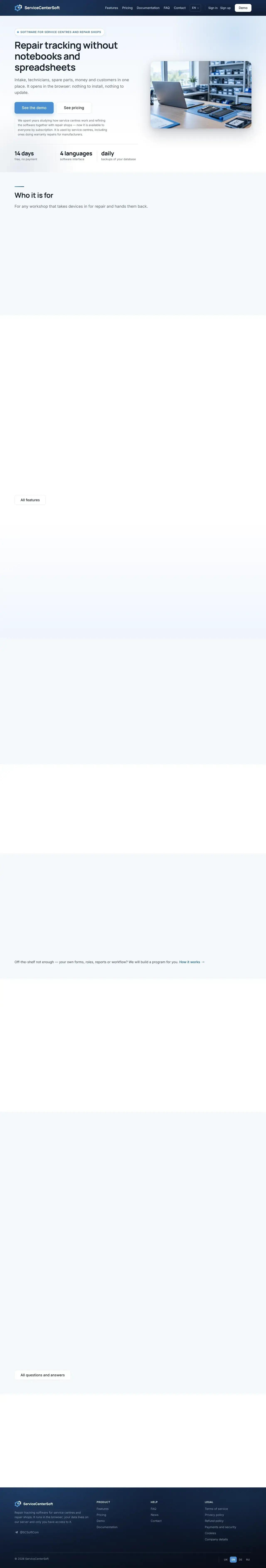Vollständiger Screenshot von ServiceCenterSoft