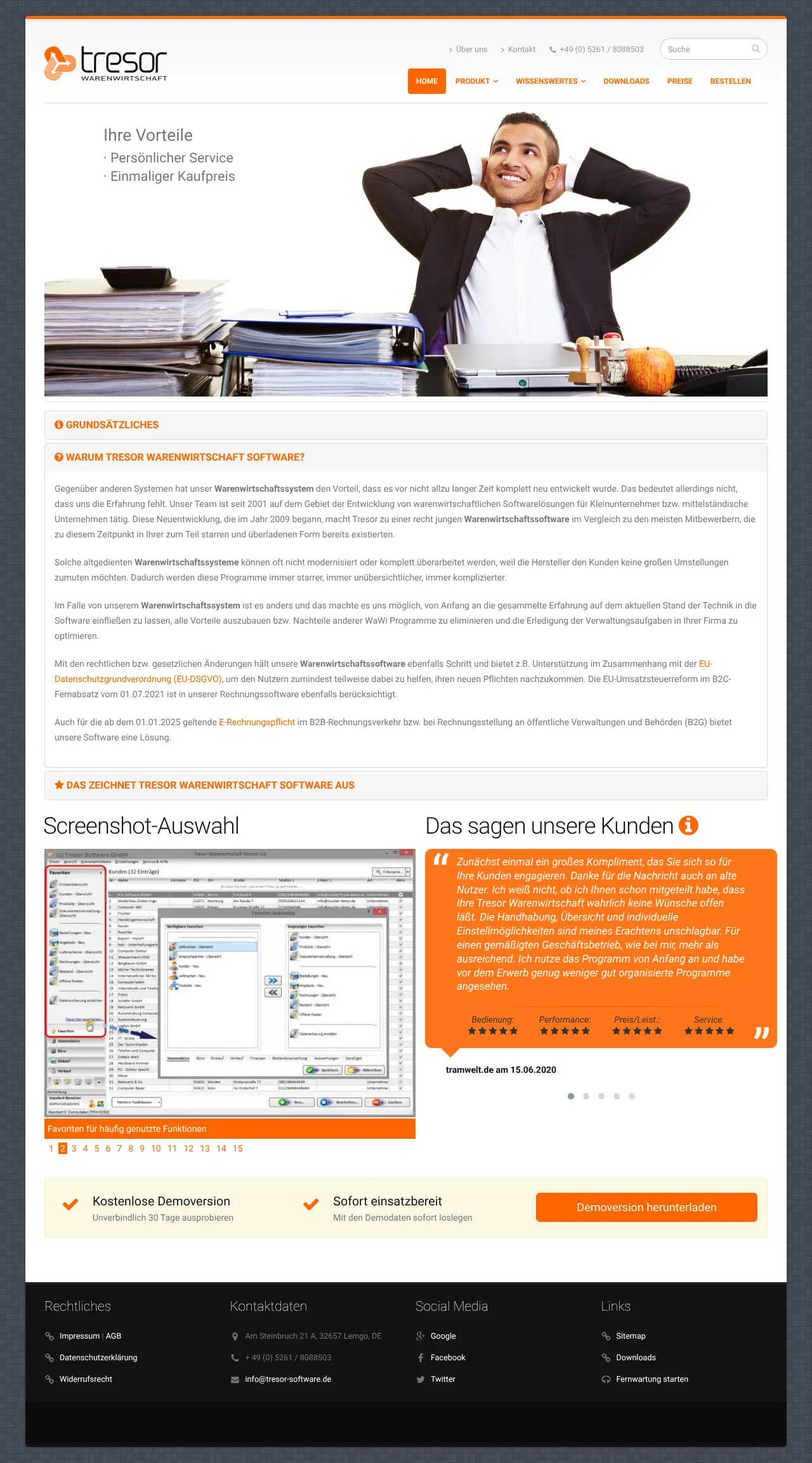 Vollständiger Screenshot von Tresor Warenwirtschaft