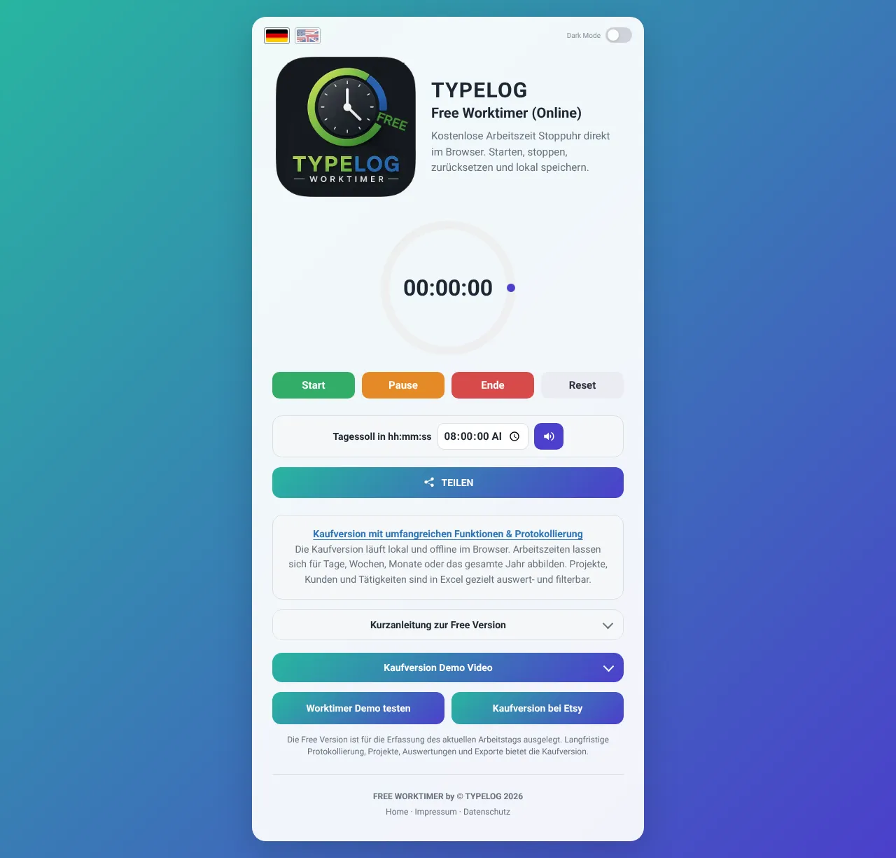 Vollständiger Screenshot von TYPELOG Free Worktimer