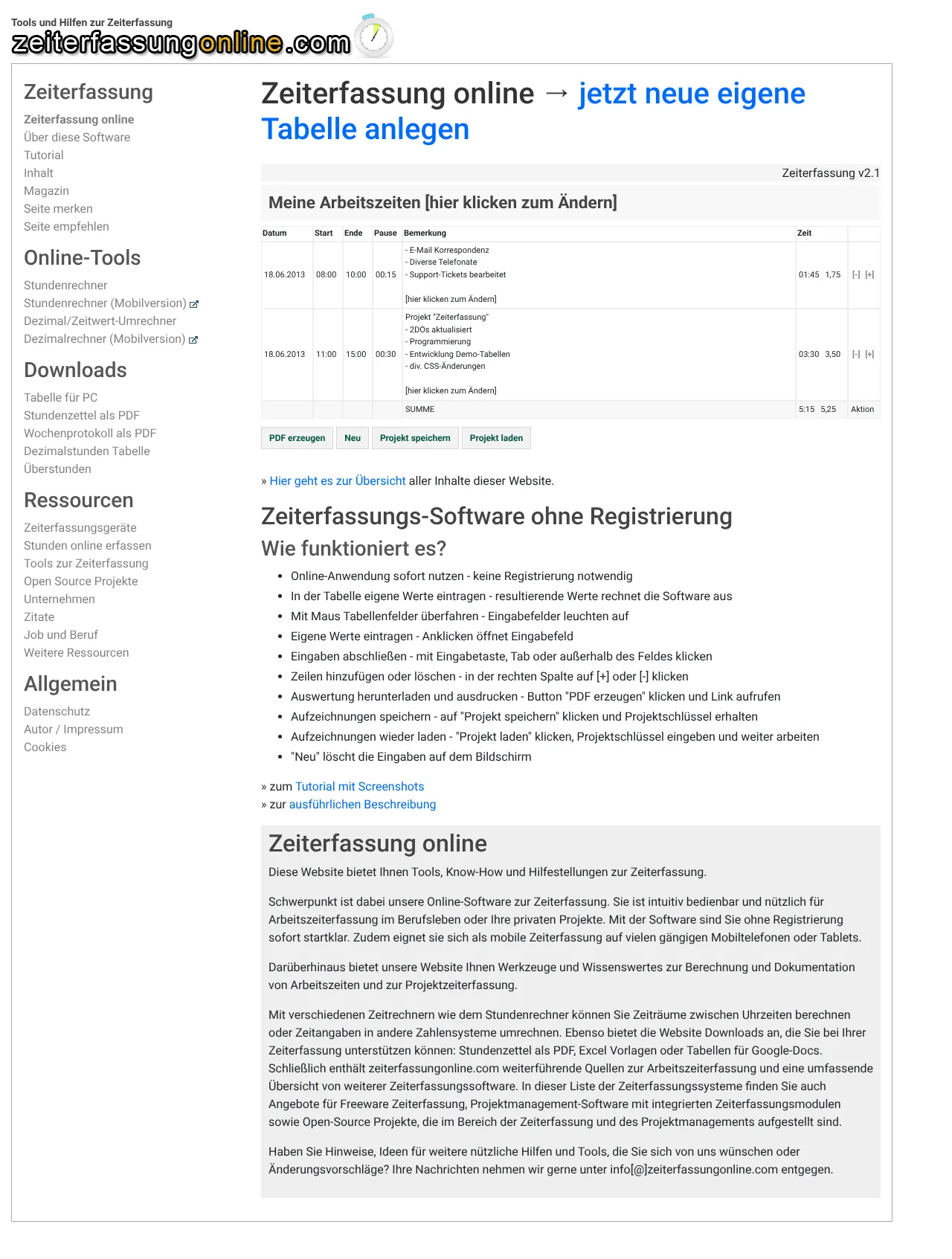 Vollständiger Screenshot von Zeiterfassung online